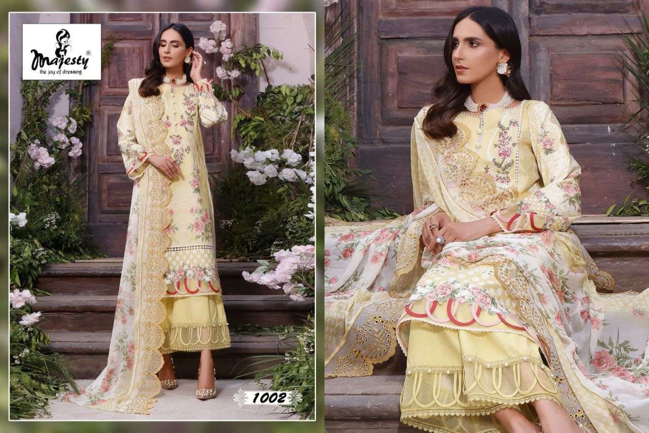 RAMSHA VOL-3 BY MAJESTY 1001 TO 1005 SERIES DESIGNER FESTIVE PAKISTANI SUITS COLLECTION BEAUTIFUL STYLISH FANCY COLORFUL PARTY WEAR & OCCASIONAL WEAR PURE COTTON EMBROIDERED DRESSES AT WHOLESALE PRICE