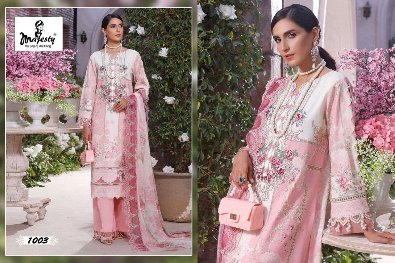 RAMSHA VOL-3 BY MAJESTY 1001 TO 1005 SERIES DESIGNER FESTIVE PAKISTANI SUITS COLLECTION BEAUTIFUL STYLISH FANCY COLORFUL PARTY WEAR & OCCASIONAL WEAR PURE COTTON EMBROIDERED DRESSES AT WHOLESALE PRICE