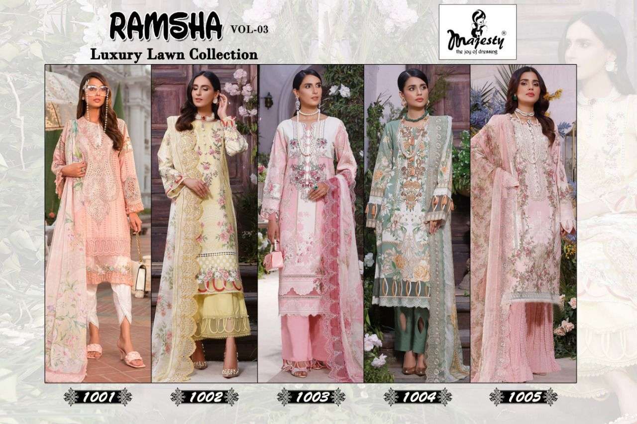 RAMSHA VOL-3 BY MAJESTY 1001 TO 1005 SERIES DESIGNER FESTIVE PAKISTANI SUITS COLLECTION BEAUTIFUL STYLISH FANCY COLORFUL PARTY WEAR & OCCASIONAL WEAR PURE COTTON EMBROIDERED DRESSES AT WHOLESALE PRICE