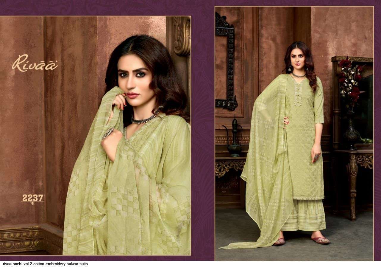 SNEHI VOL-2 BY RIVAA 2236 TO 2243 SERIES BEAUTIFUL SUITS COLORFUL STYLISH FANCY CASUAL WEAR & ETHNIC WEAR COTTON EMBROIDERED DRESSES AT WHOLESALE PRICE