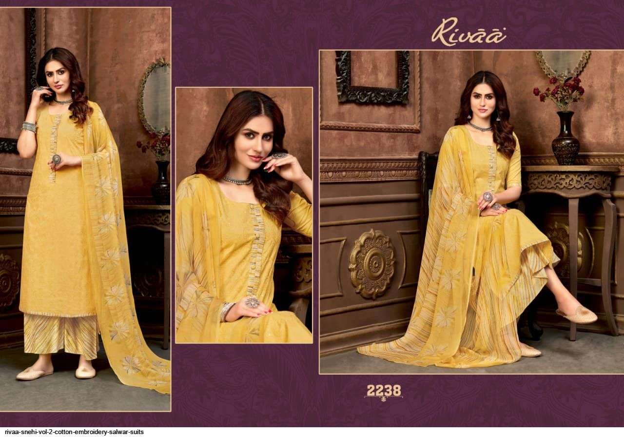 SNEHI VOL-2 BY RIVAA 2236 TO 2243 SERIES BEAUTIFUL SUITS COLORFUL STYLISH FANCY CASUAL WEAR & ETHNIC WEAR COTTON EMBROIDERED DRESSES AT WHOLESALE PRICE