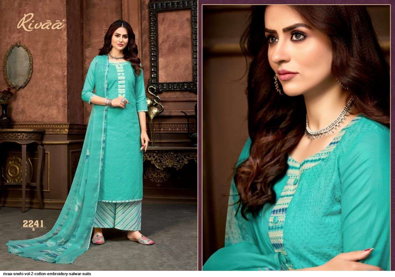 SNEHI VOL-2 BY RIVAA 2236 TO 2243 SERIES BEAUTIFUL SUITS COLORFUL STYLISH FANCY CASUAL WEAR & ETHNIC WEAR COTTON EMBROIDERED DRESSES AT WHOLESALE PRICE
