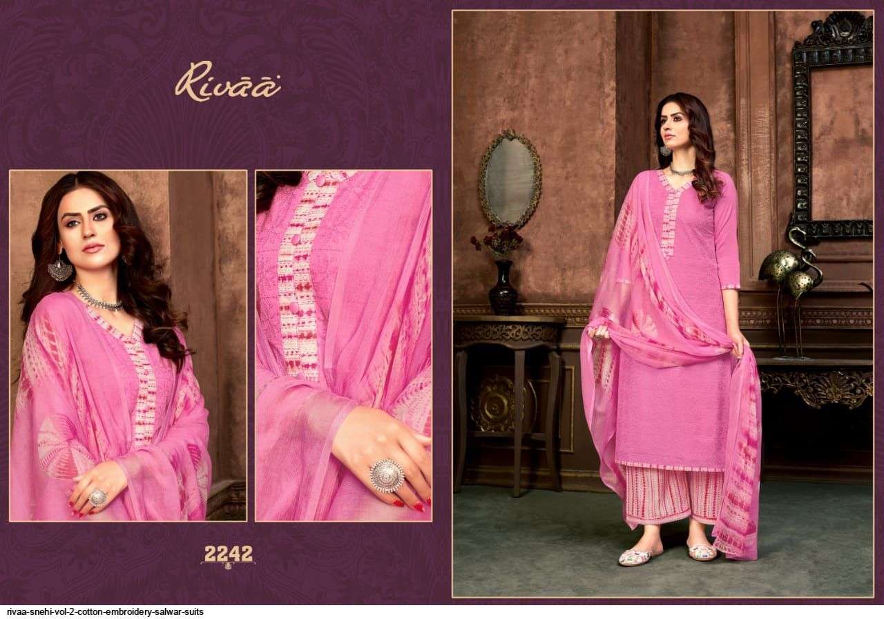 SNEHI VOL-2 BY RIVAA 2236 TO 2243 SERIES BEAUTIFUL SUITS COLORFUL STYLISH FANCY CASUAL WEAR & ETHNIC WEAR COTTON EMBROIDERED DRESSES AT WHOLESALE PRICE