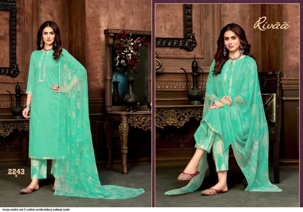 SNEHI VOL-2 BY RIVAA 2236 TO 2243 SERIES BEAUTIFUL SUITS COLORFUL STYLISH FANCY CASUAL WEAR & ETHNIC WEAR COTTON EMBROIDERED DRESSES AT WHOLESALE PRICE