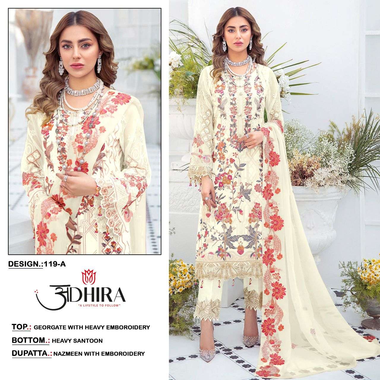 ADHIRA 119 COLOURS BY ADHIRA 119-A TO 119-D SERIES DESIGNER PAKISTANI SUITS BEAUTIFUL STYLISH FANCY COLORFUL PARTY WEAR & OCCASIONAL WEAR HEAVY FAUX GEORGETTE DRESSES AT WHOLESALE PRICE
