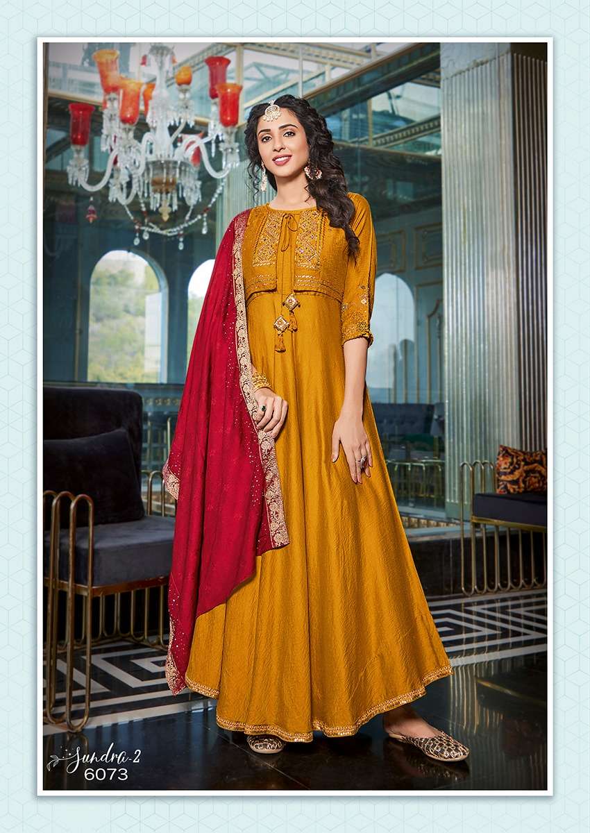 Sundra Vol-2 By Koodee 6073 To 6078 Series Beautiful Stylish Fancy Colorful Casual Wear & Ethnic Wear Georgette Gowns With Dupatta At Wholesale Price