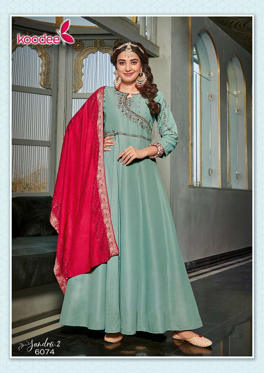 Sundra Vol-2 By Koodee 6073 To 6078 Series Beautiful Stylish Fancy Colorful Casual Wear & Ethnic Wear Georgette Gowns With Dupatta At Wholesale Price