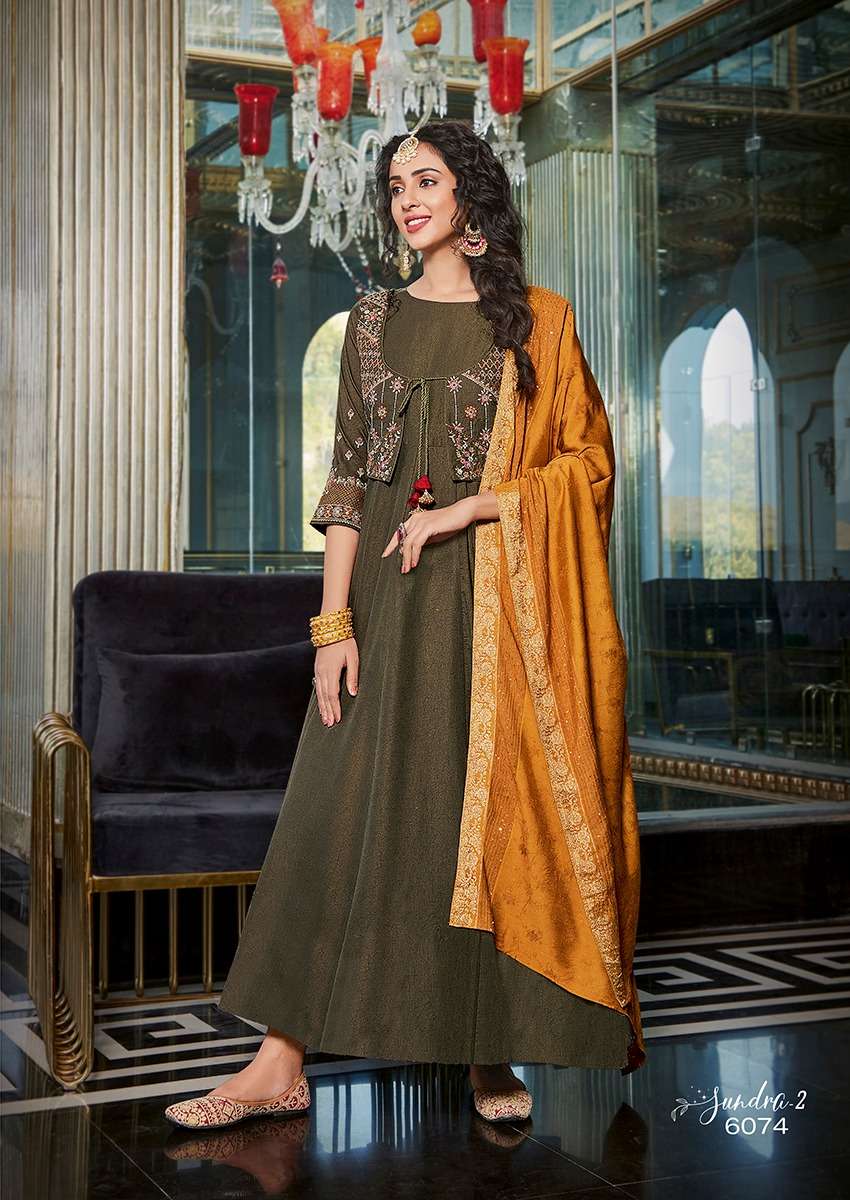 Sundra Vol-2 By Koodee 6073 To 6078 Series Beautiful Stylish Fancy Colorful Casual Wear & Ethnic Wear Georgette Gowns With Dupatta At Wholesale Price
