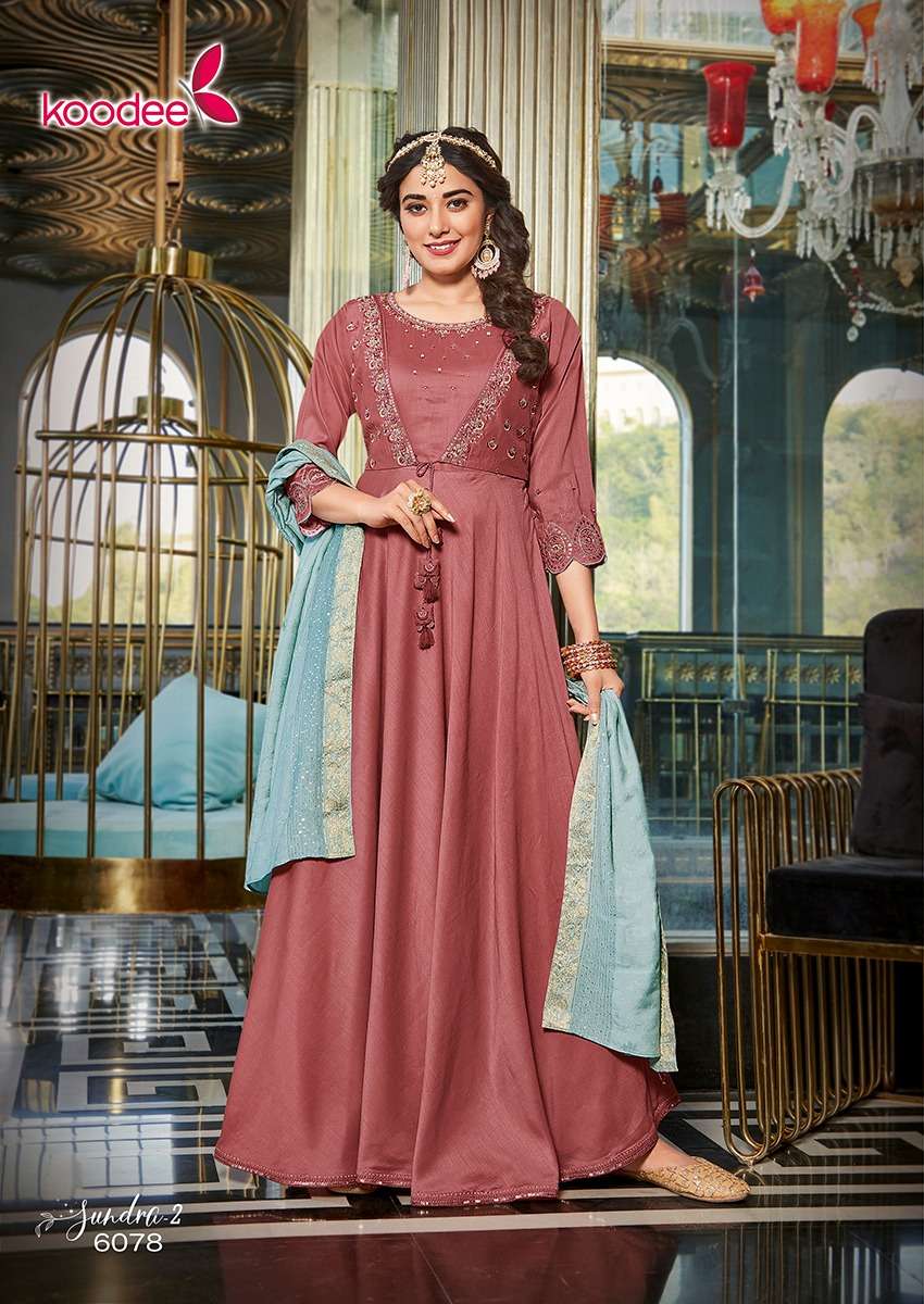 Sundra Vol-2 By Koodee 6073 To 6078 Series Beautiful Stylish Fancy Colorful Casual Wear & Ethnic Wear Georgette Gowns With Dupatta At Wholesale Price