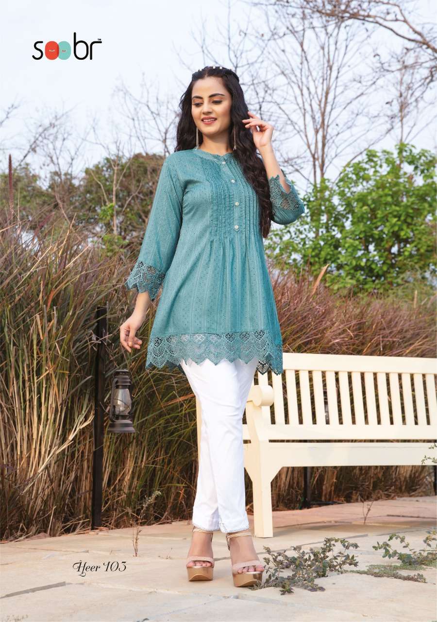 HEER BY SOOBR 101 TO 106 SERIES BEAUTIFUL STYLISH FANCY COLORFUL CASUAL WEAR & ETHNIC WEAR FANCY TOPS WITH PANTS AT WHOLESALE PRICE
