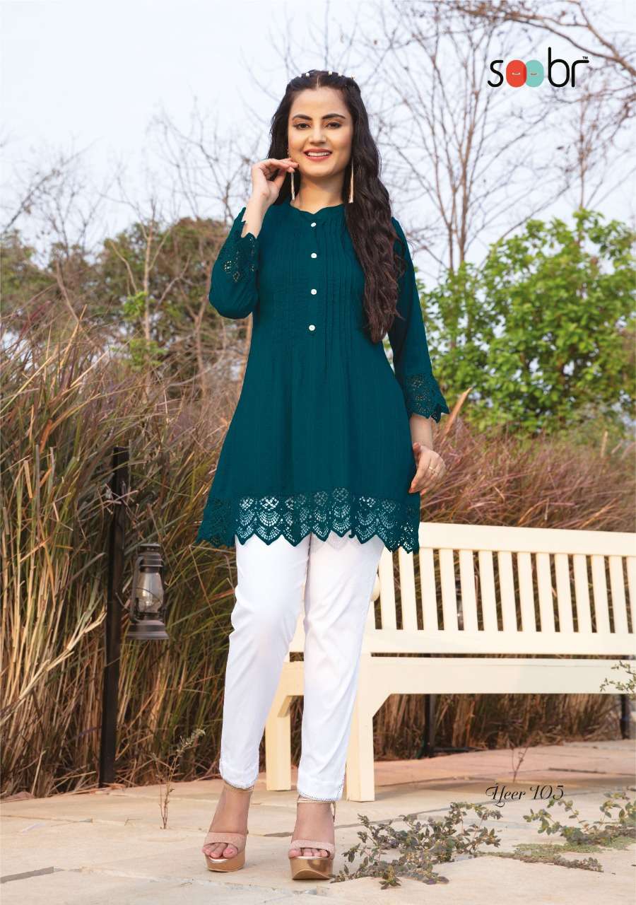 HEER BY SOOBR 101 TO 106 SERIES BEAUTIFUL STYLISH FANCY COLORFUL CASUAL WEAR & ETHNIC WEAR FANCY TOPS WITH PANTS AT WHOLESALE PRICE