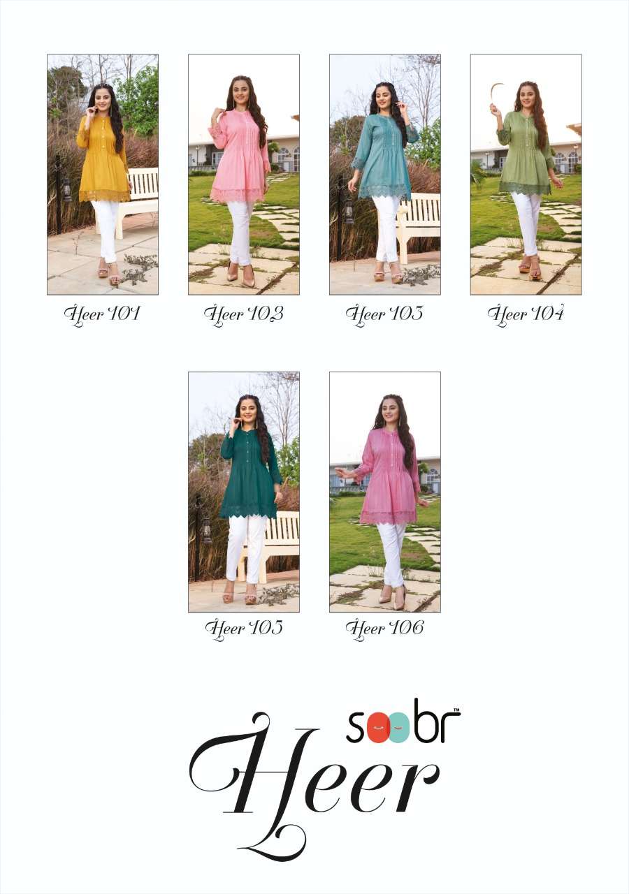 HEER BY SOOBR 101 TO 106 SERIES BEAUTIFUL STYLISH FANCY COLORFUL CASUAL WEAR & ETHNIC WEAR FANCY TOPS WITH PANTS AT WHOLESALE PRICE
