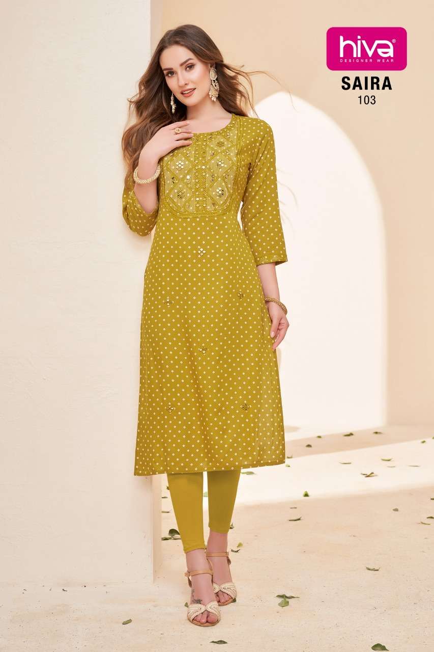 SAIRA BY HIVA 101 TO 106 SERIES DESIGNER STYLISH FANCY COLORFUL BEAUTIFUL PARTY WEAR & ETHNIC WEAR COLLECTION PURE RAYON KURTIS AT WHOLESALE PRICE