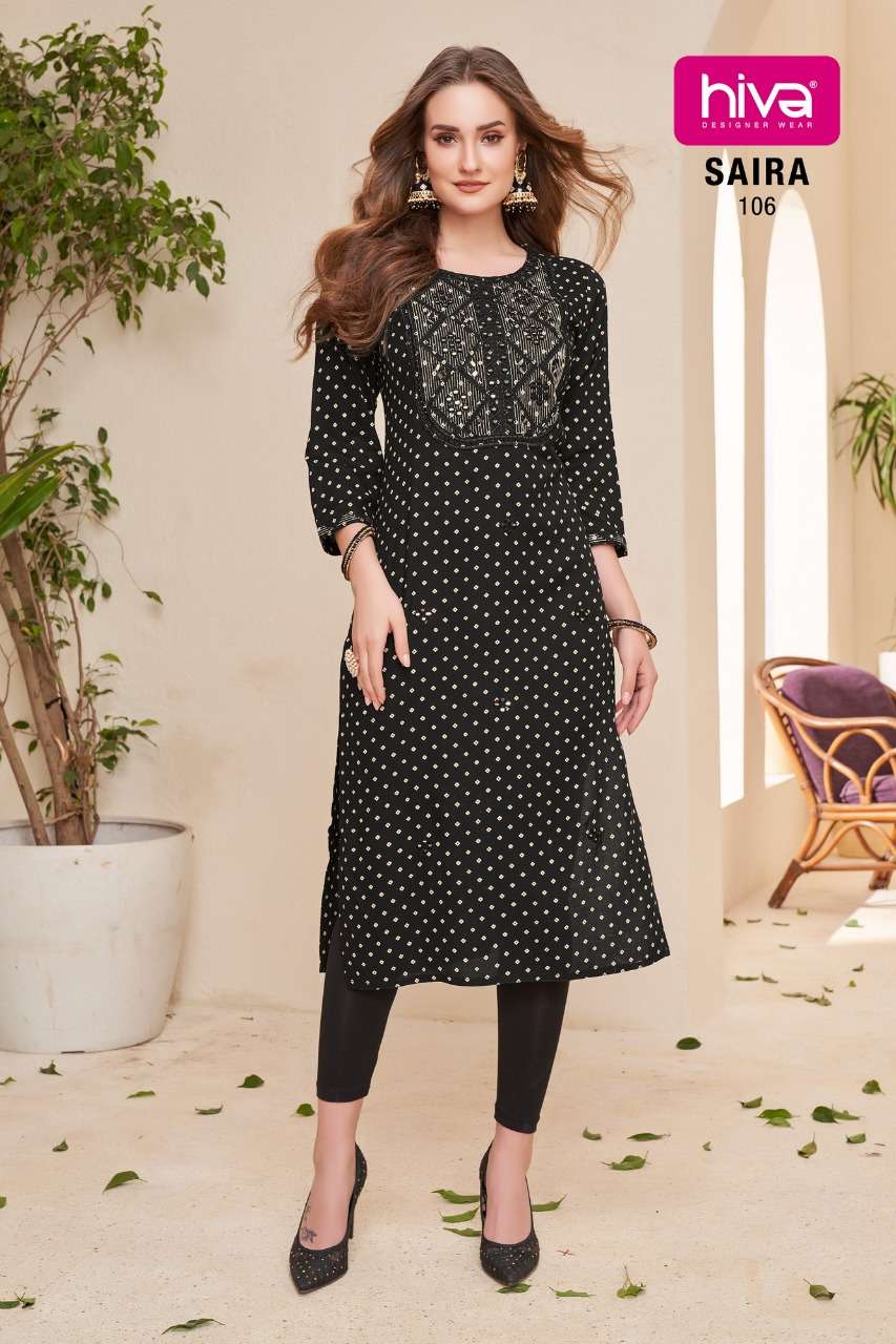 SAIRA BY HIVA 101 TO 106 SERIES DESIGNER STYLISH FANCY COLORFUL BEAUTIFUL PARTY WEAR & ETHNIC WEAR COLLECTION PURE RAYON KURTIS AT WHOLESALE PRICE