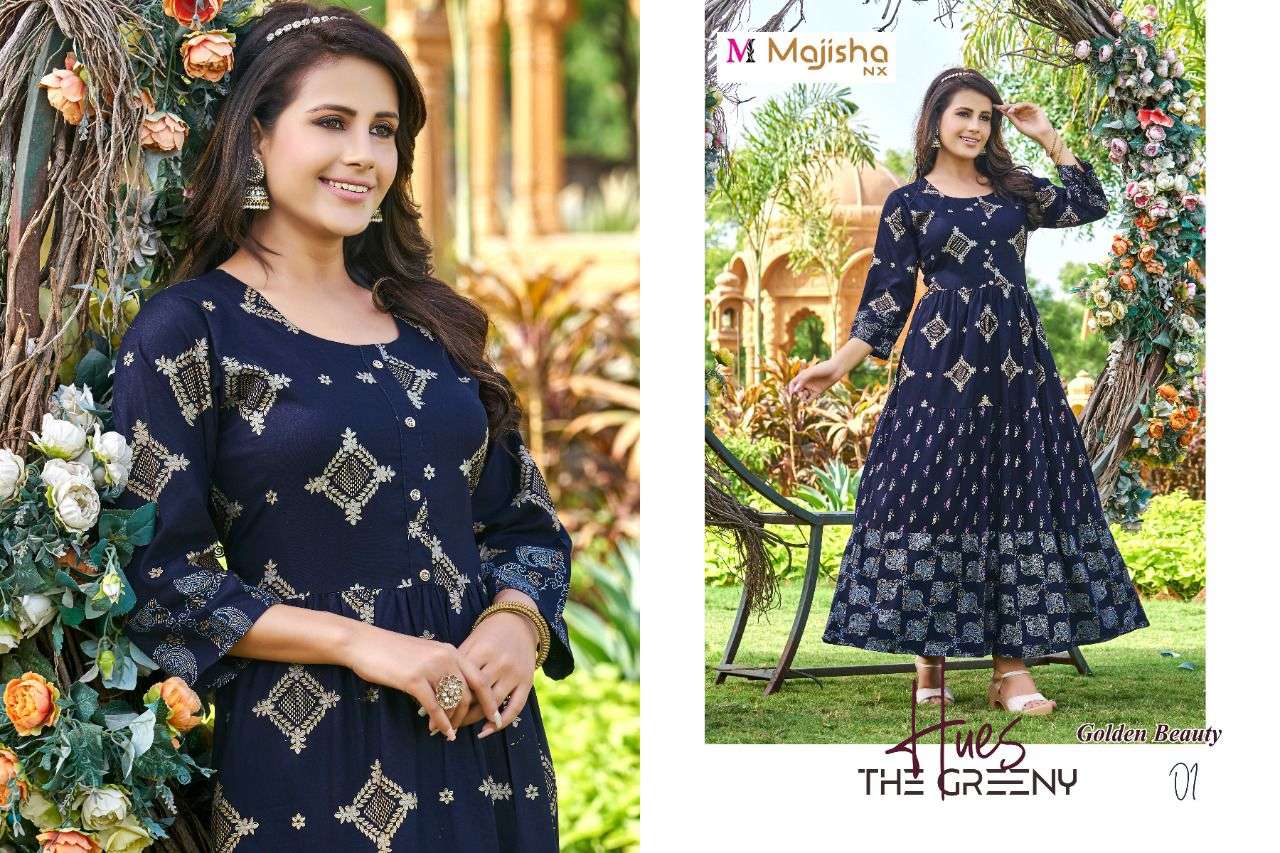 GOLDEN BEAUTY BY MAJISHA NX 01 TO 08 SERIES BEAUTIFUL STYLISH FANCY COLORFUL CASUAL WEAR & ETHNIC WEAR RAYON PRINT GOWNS AT WHOLESALE PRICE
