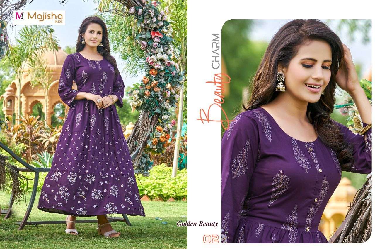 GOLDEN BEAUTY BY MAJISHA NX 01 TO 08 SERIES BEAUTIFUL STYLISH FANCY COLORFUL CASUAL WEAR & ETHNIC WEAR RAYON PRINT GOWNS AT WHOLESALE PRICE