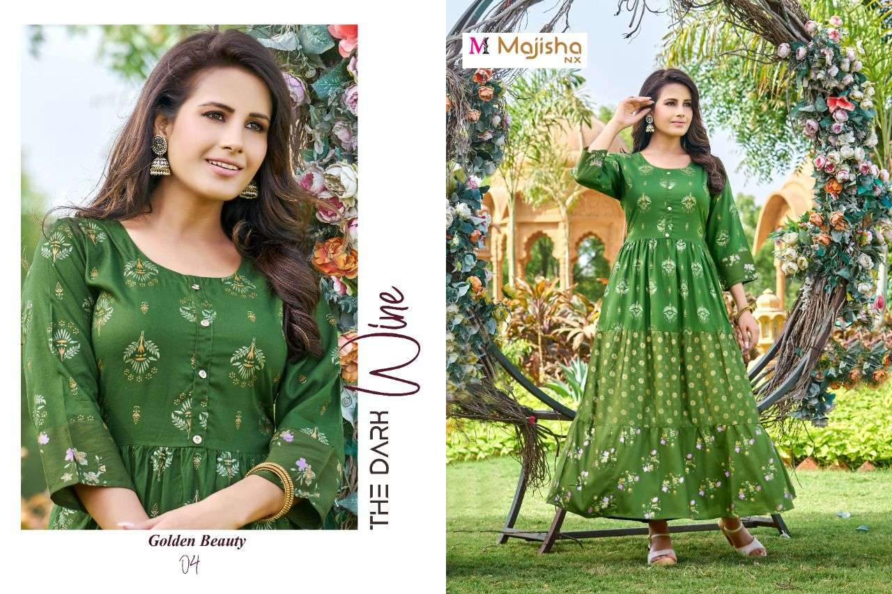 GOLDEN BEAUTY BY MAJISHA NX 01 TO 08 SERIES BEAUTIFUL STYLISH FANCY COLORFUL CASUAL WEAR & ETHNIC WEAR RAYON PRINT GOWNS AT WHOLESALE PRICE