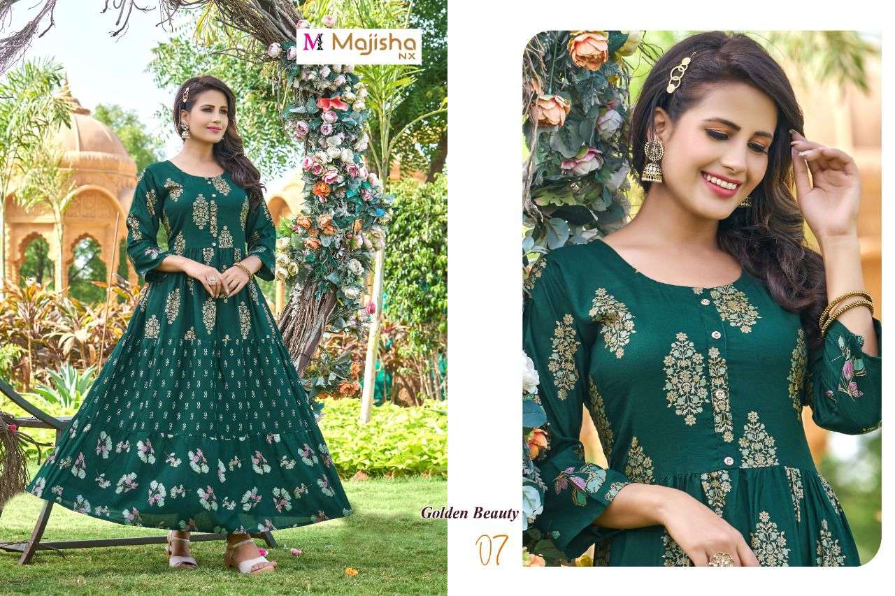 GOLDEN BEAUTY BY MAJISHA NX 01 TO 08 SERIES BEAUTIFUL STYLISH FANCY COLORFUL CASUAL WEAR & ETHNIC WEAR RAYON PRINT GOWNS AT WHOLESALE PRICE
