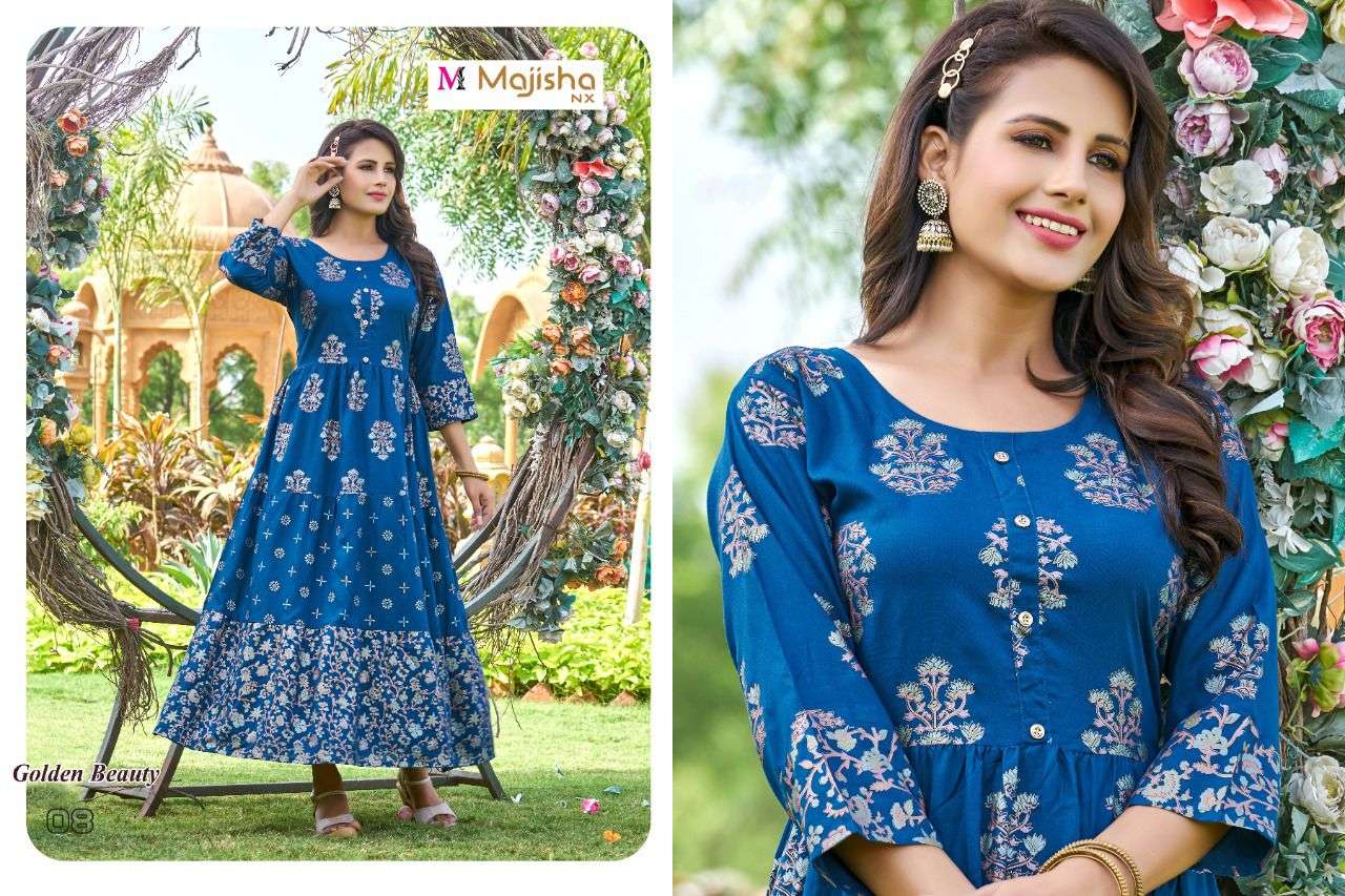 GOLDEN BEAUTY BY MAJISHA NX 01 TO 08 SERIES BEAUTIFUL STYLISH FANCY COLORFUL CASUAL WEAR & ETHNIC WEAR RAYON PRINT GOWNS AT WHOLESALE PRICE
