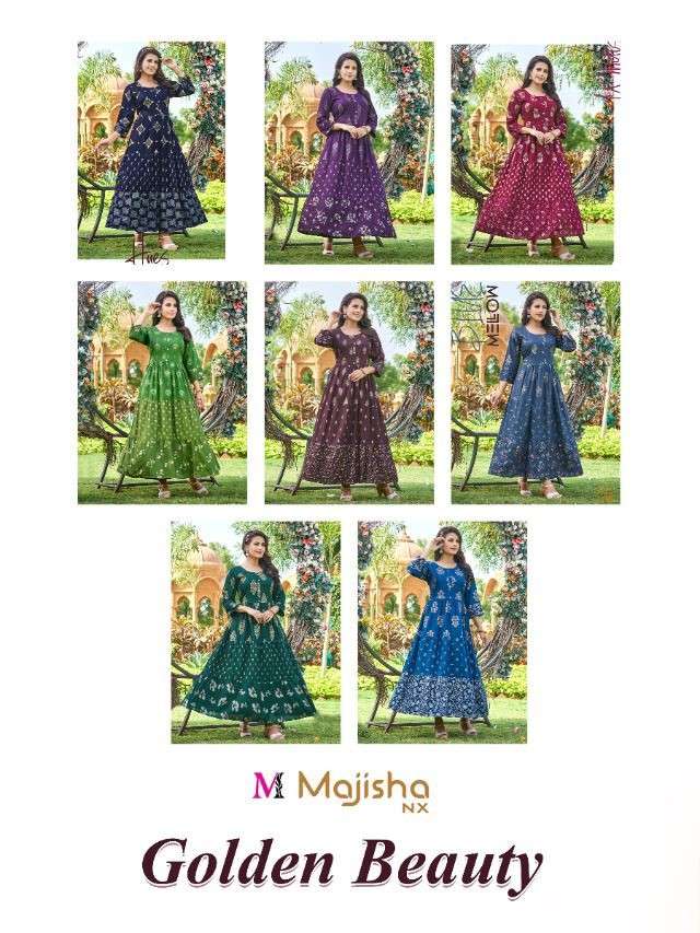 GOLDEN BEAUTY BY MAJISHA NX 01 TO 08 SERIES BEAUTIFUL STYLISH FANCY COLORFUL CASUAL WEAR & ETHNIC WEAR RAYON PRINT GOWNS AT WHOLESALE PRICE