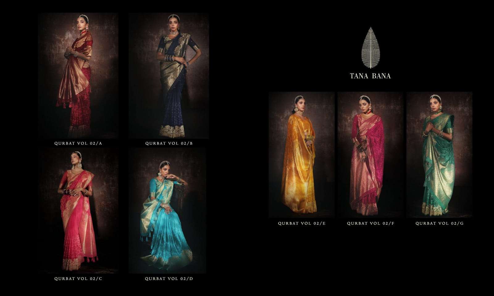 QURBAT VOL-2 BY TANA BANA 02-A TO 02-G SERIES INDIAN TRADITIONAL WEAR COLLECTION BEAUTIFUL STYLISH FANCY COLORFUL PARTY WEAR & OCCASIONAL WEAR PURE SILK SAREES AT WHOLESALE PRICE