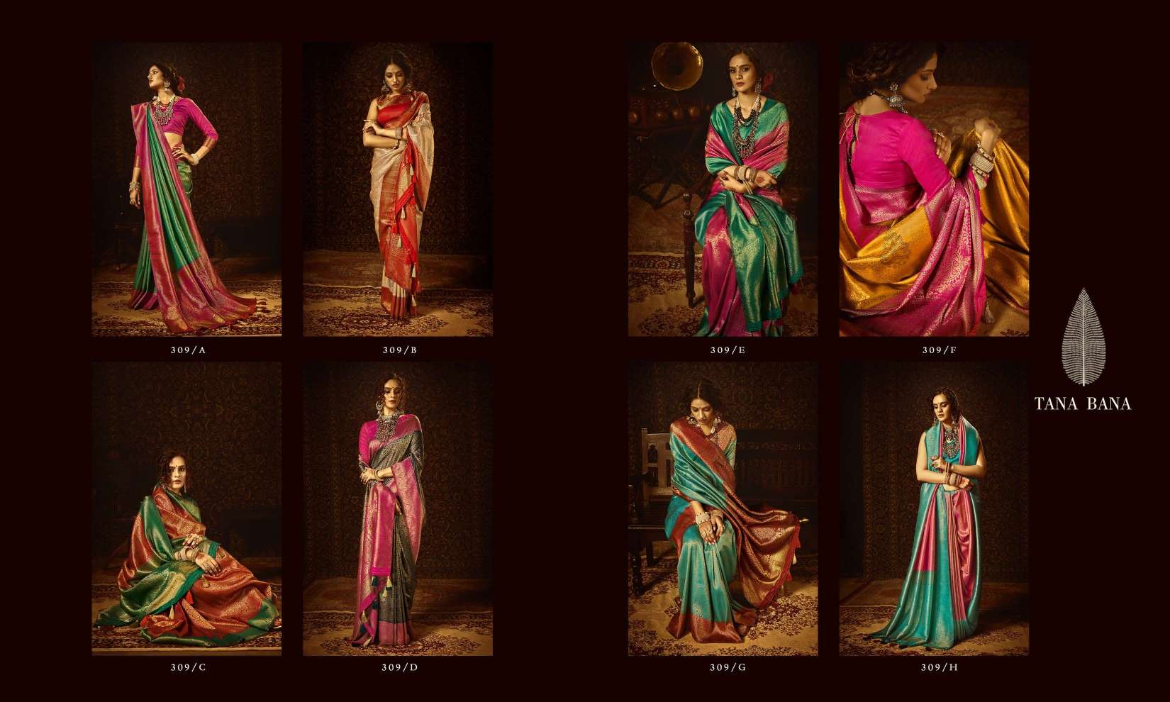 Tana Bana 309 Colours By Tana Bana 309-A To 309-H Series Indian Traditional Wear Collection Beautiful Stylish Fancy Colorful Party Wear & Occasional Wear Pure Silk Sarees At Wholesale Price
