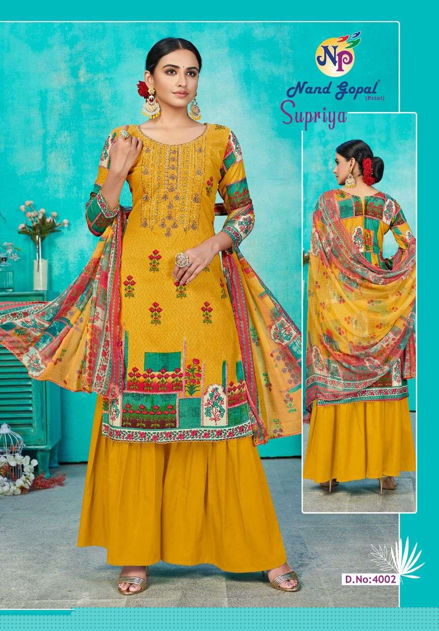 SUPRIYA VOL-4 BY NAND GOPAL PRINT 4001 TO 4010 SERIES BEAUTIFUL SUITS COLORFUL STYLISH FANCY CASUAL WEAR & ETHNIC WEAR PURE COTTON PRINT DRESSES AT WHOLESALE PRICE