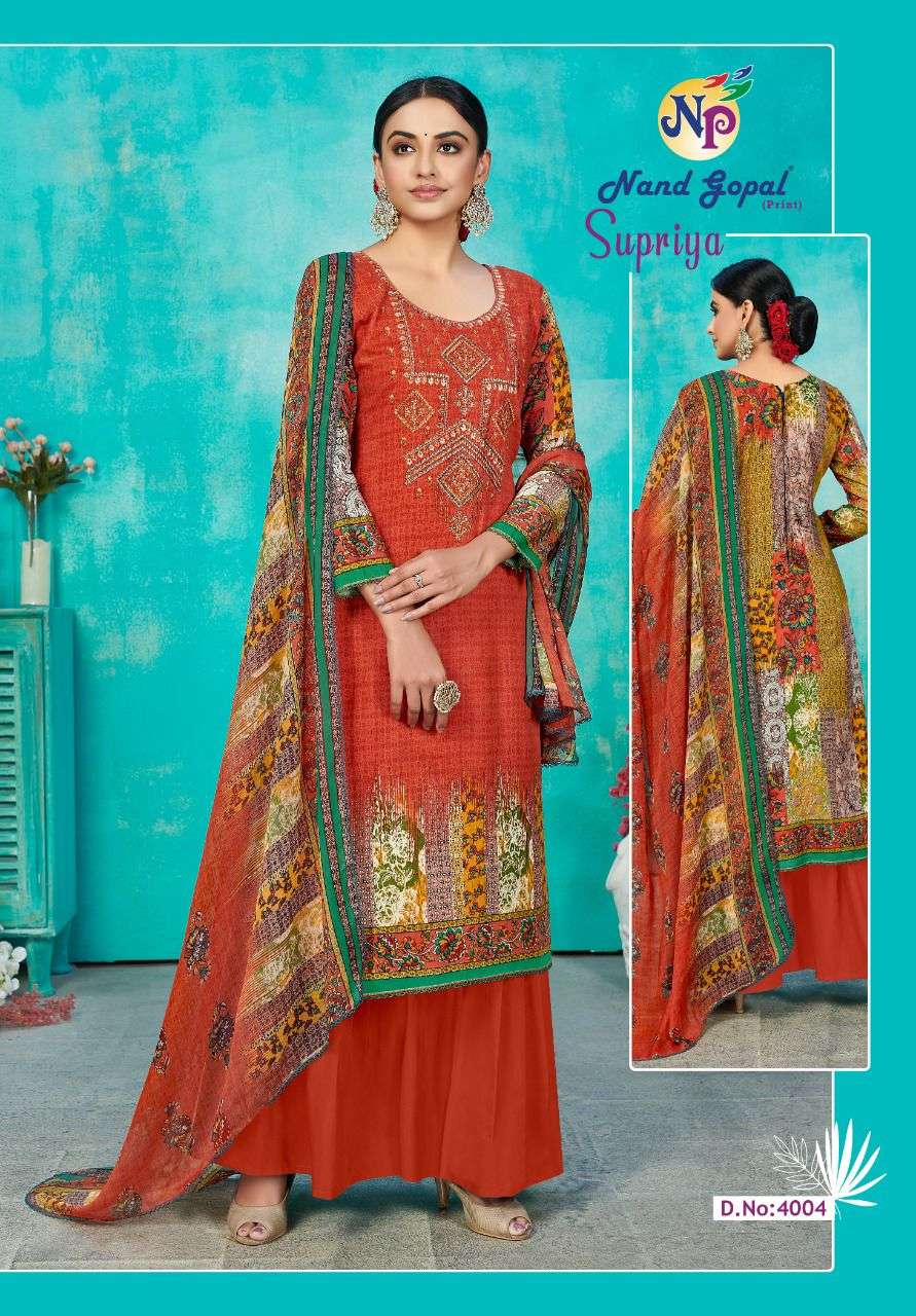 SUPRIYA VOL-4 BY NAND GOPAL PRINT 4001 TO 4010 SERIES BEAUTIFUL SUITS COLORFUL STYLISH FANCY CASUAL WEAR & ETHNIC WEAR PURE COTTON PRINT DRESSES AT WHOLESALE PRICE