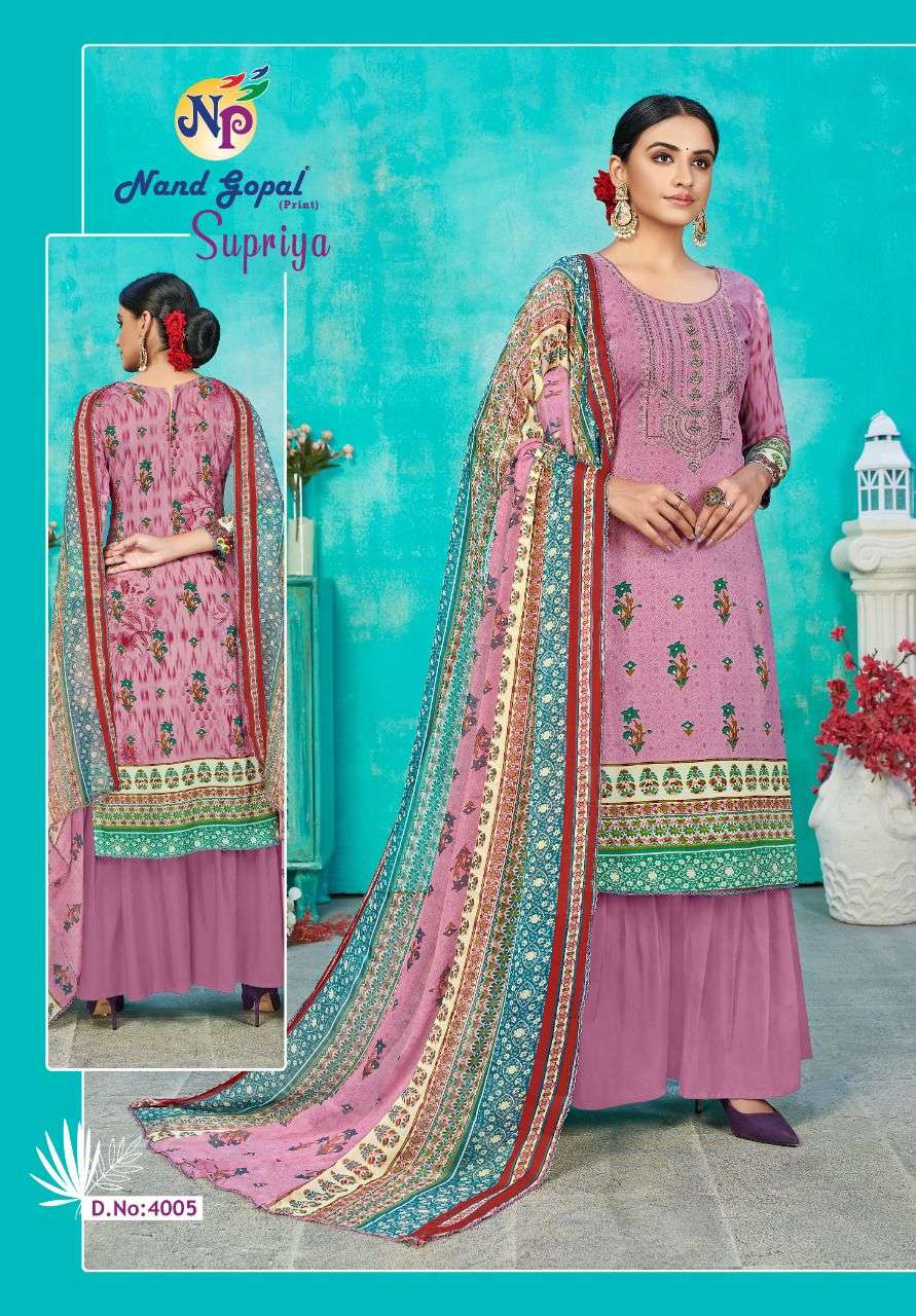 SUPRIYA VOL-4 BY NAND GOPAL PRINT 4001 TO 4010 SERIES BEAUTIFUL SUITS COLORFUL STYLISH FANCY CASUAL WEAR & ETHNIC WEAR PURE COTTON PRINT DRESSES AT WHOLESALE PRICE