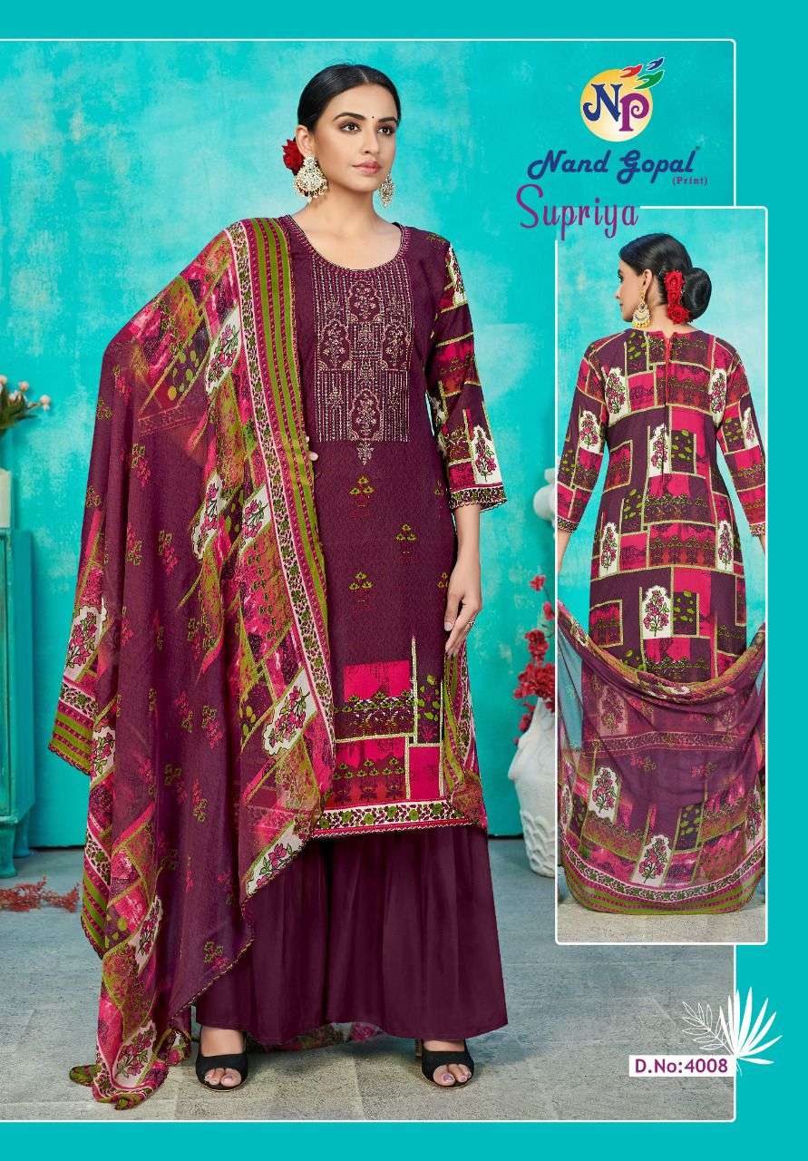 SUPRIYA VOL-4 BY NAND GOPAL PRINT 4001 TO 4010 SERIES BEAUTIFUL SUITS COLORFUL STYLISH FANCY CASUAL WEAR & ETHNIC WEAR PURE COTTON PRINT DRESSES AT WHOLESALE PRICE