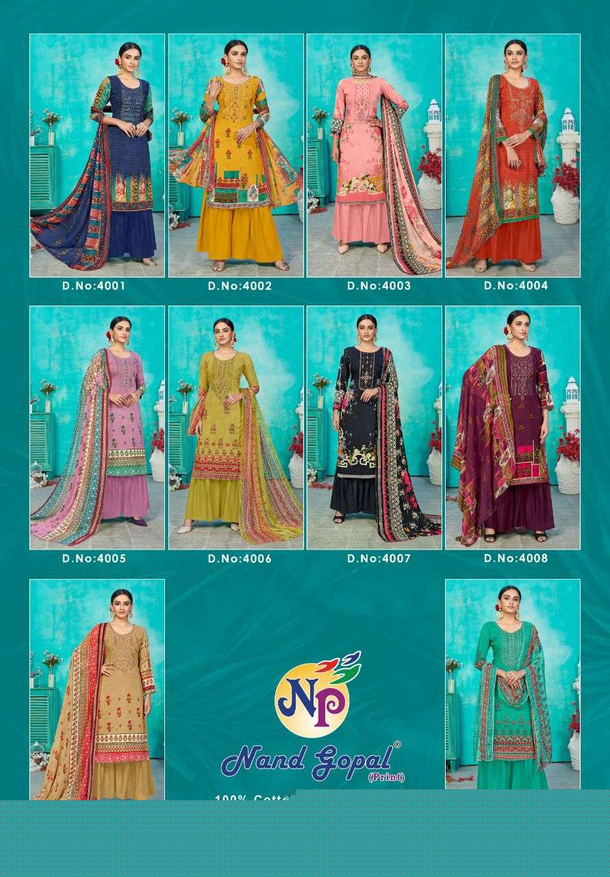 SUPRIYA VOL-4 BY NAND GOPAL PRINT 4001 TO 4010 SERIES BEAUTIFUL SUITS COLORFUL STYLISH FANCY CASUAL WEAR & ETHNIC WEAR PURE COTTON PRINT DRESSES AT WHOLESALE PRICE
