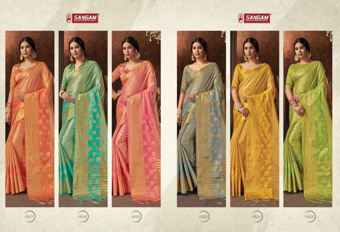 CHANDRIKA BY SANGAM PRINTS 1917 TO 1922 SERIES INDIAN TRADITIONAL WEAR COLLECTION BEAUTIFUL STYLISH FANCY COLORFUL PARTY WEAR & OCCASIONAL WEAR ORGANZA SAREES AT WHOLESALE PRICE