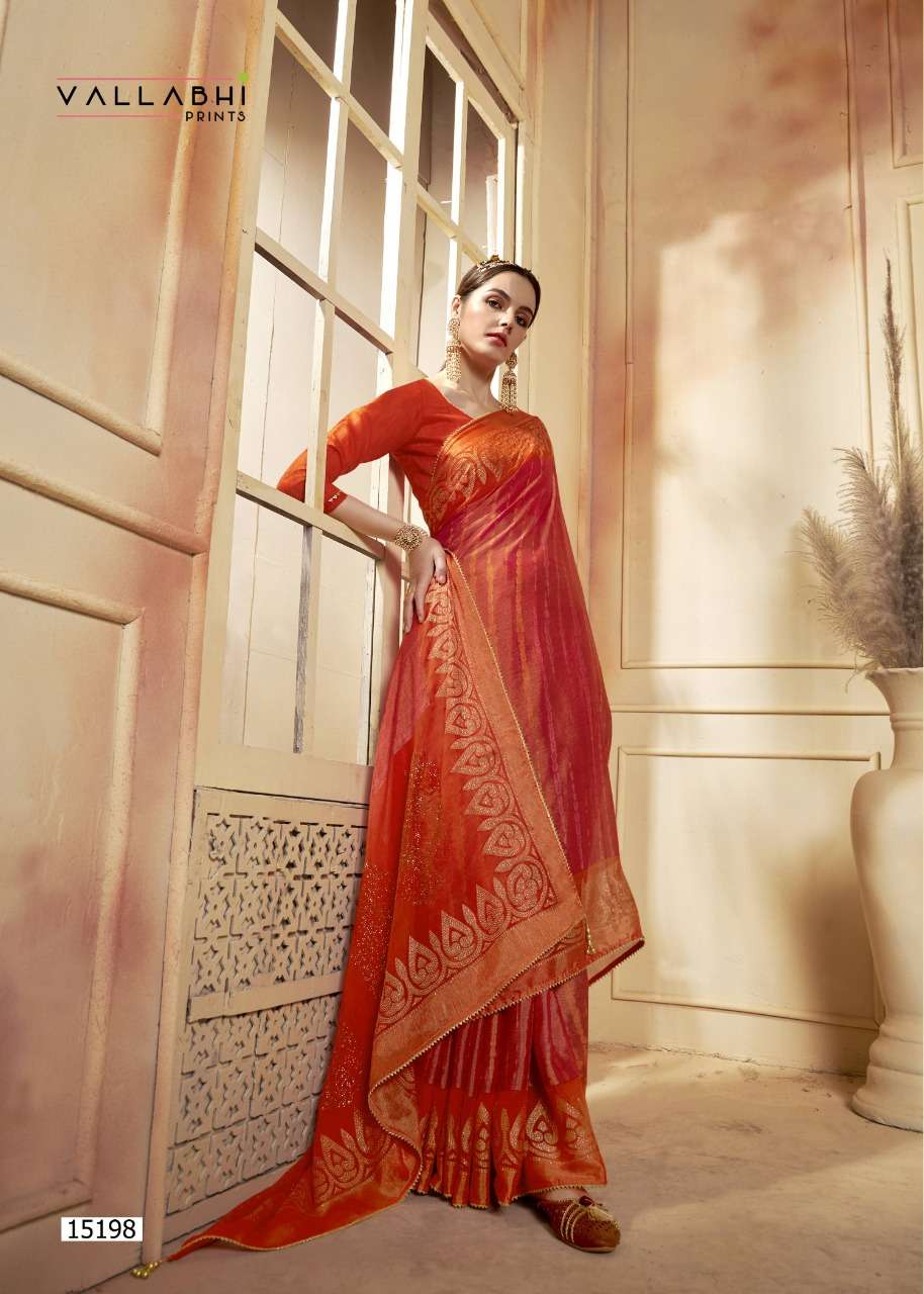 ZARI MOTI BY VALLABHI PRINTS 15191 TO 15198 SERIES INDIAN TRADITIONAL WEAR COLLECTION BEAUTIFUL STYLISH FANCY COLORFUL PARTY WEAR & OCCASIONAL WEAR BRASSO SAREES AT WHOLESALE PRICE