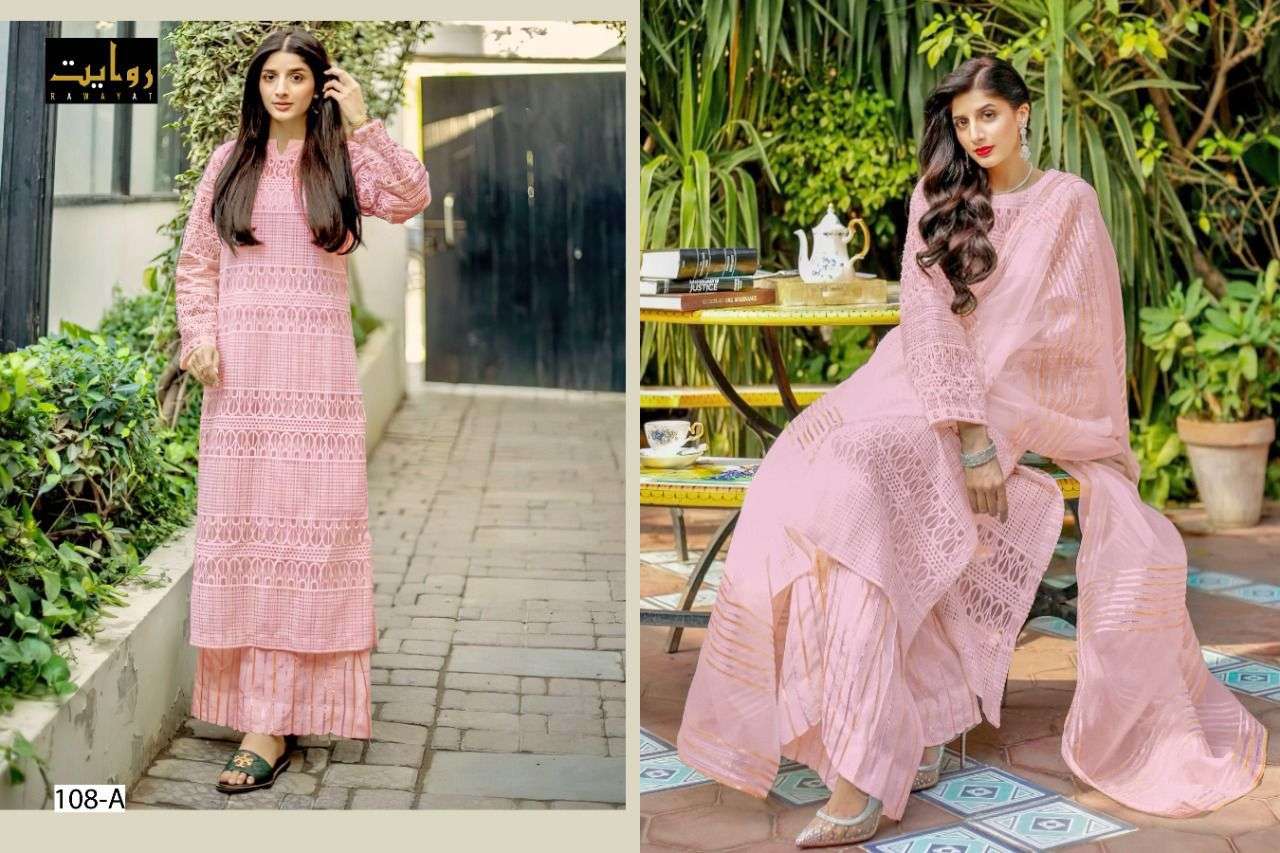 SOBIA NAZIR COLORS BY RAWAYAT 108-A TO 108-D SERIES PAKISTANI SUITS BEAUTIFUL FANCY COLORFUL STYLISH PARTY WEAR & OCCASIONAL WEAR FAUX GEORGETTE DRESSES AT WHOLESALE PRICE