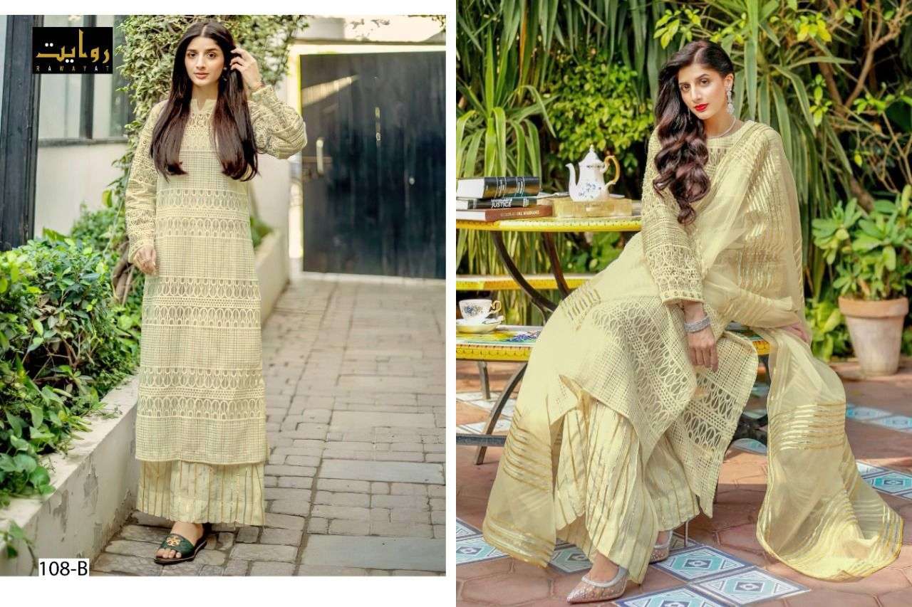 SOBIA NAZIR COLORS BY RAWAYAT 108-A TO 108-D SERIES PAKISTANI SUITS BEAUTIFUL FANCY COLORFUL STYLISH PARTY WEAR & OCCASIONAL WEAR FAUX GEORGETTE DRESSES AT WHOLESALE PRICE