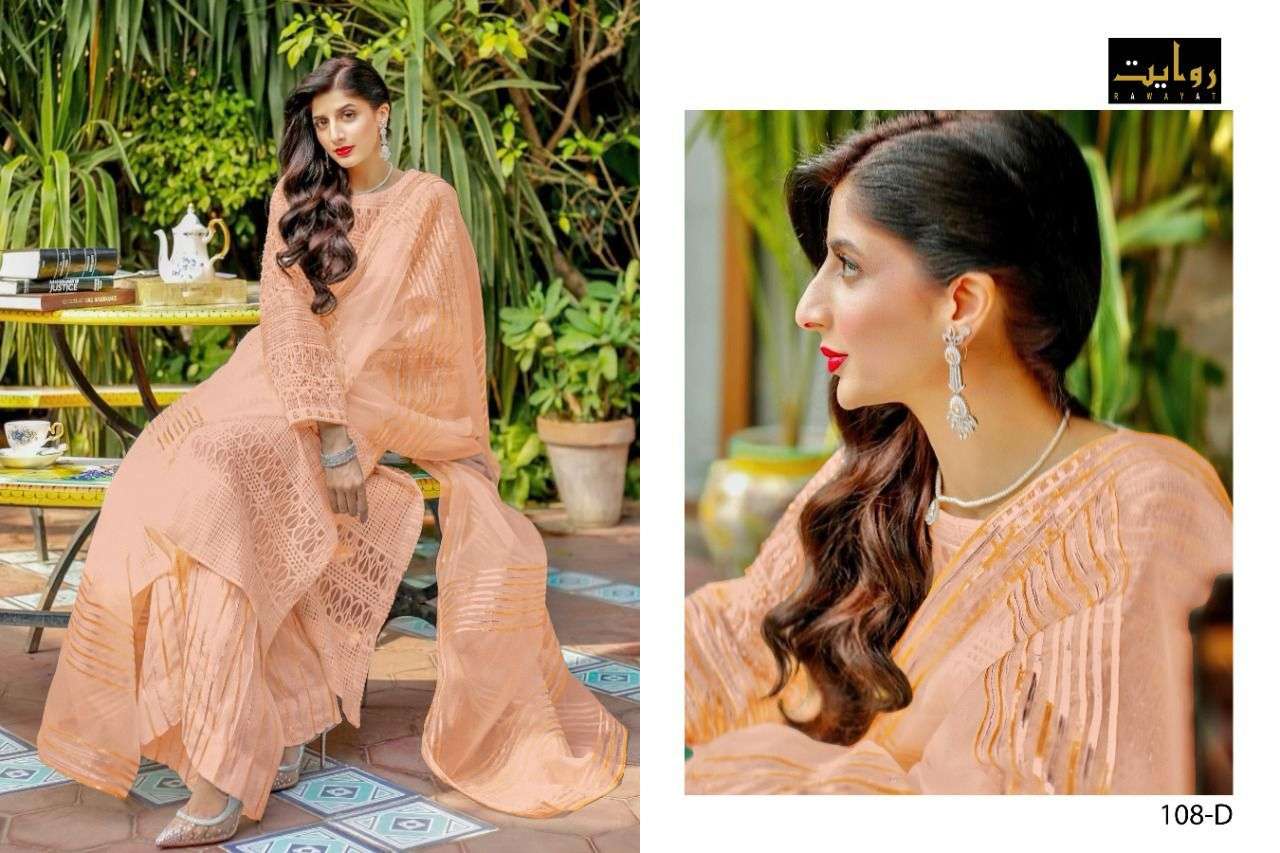 SOBIA NAZIR COLORS BY RAWAYAT 108-A TO 108-D SERIES PAKISTANI SUITS BEAUTIFUL FANCY COLORFUL STYLISH PARTY WEAR & OCCASIONAL WEAR FAUX GEORGETTE DRESSES AT WHOLESALE PRICE