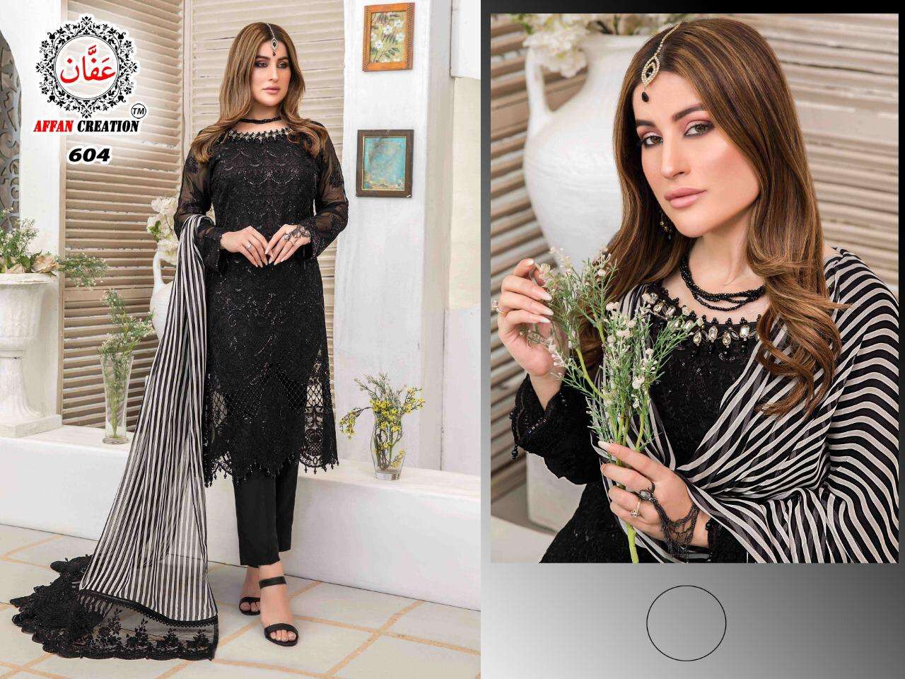 AFFAN CREATION 604 COLOURS BY AFFAN CREATION 604-A TO 604-J SERIES Z BEAUTIFUL PAKISTANI SUITS COLORFUL STYLISH FANCY CASUAL WEAR & ETHNIC WEAR FAUX GEORGETTE WITH EMBROIDERY DRESSES AT WHOLESALE PRICE