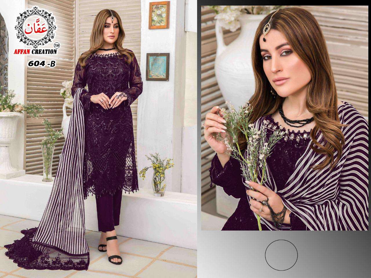 AFFAN CREATION 604 COLOURS BY AFFAN CREATION 604-A TO 604-J SERIES Z BEAUTIFUL PAKISTANI SUITS COLORFUL STYLISH FANCY CASUAL WEAR & ETHNIC WEAR FAUX GEORGETTE WITH EMBROIDERY DRESSES AT WHOLESALE PRICE