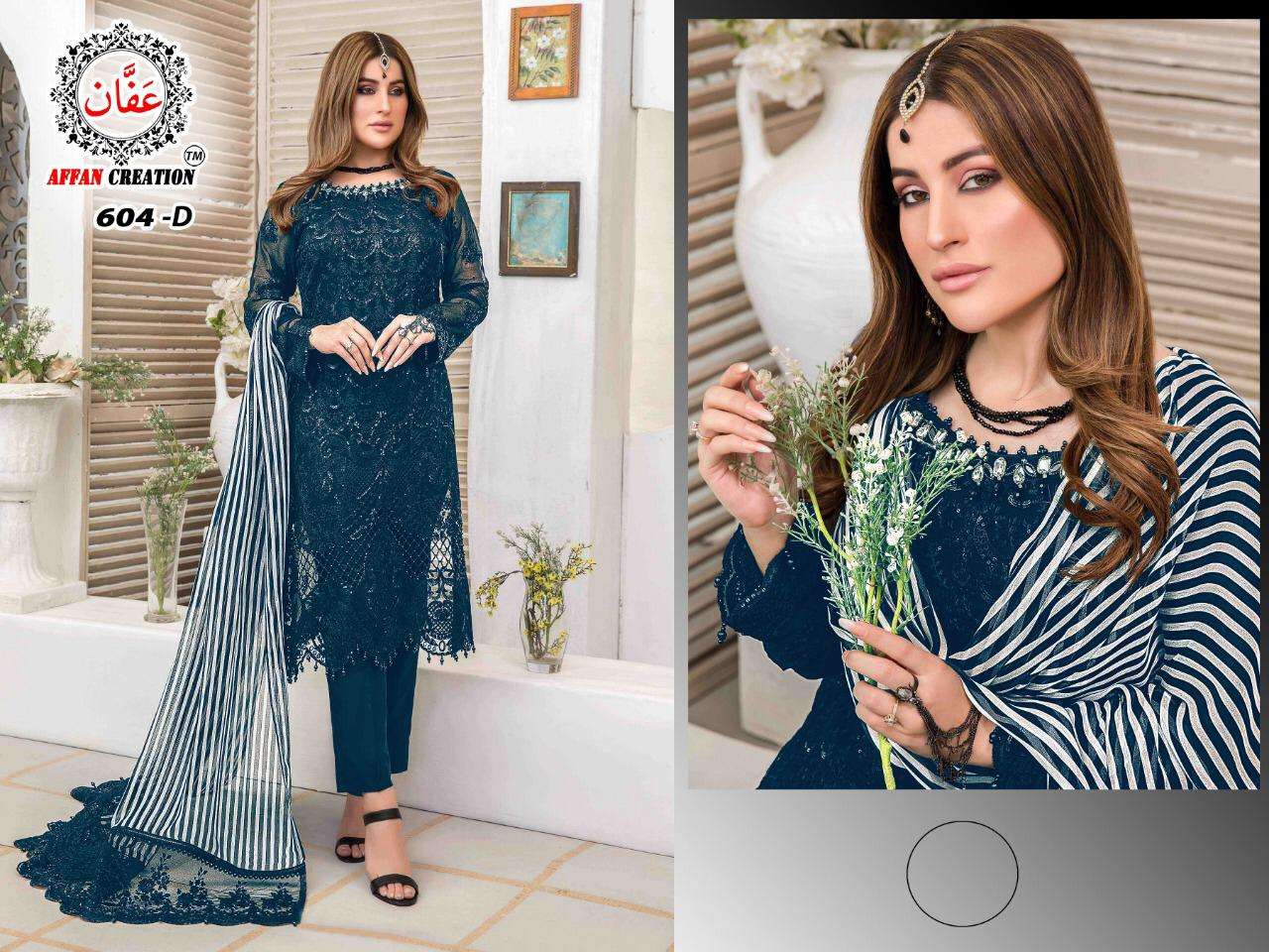 AFFAN CREATION 604 COLOURS BY AFFAN CREATION 604-A TO 604-J SERIES Z BEAUTIFUL PAKISTANI SUITS COLORFUL STYLISH FANCY CASUAL WEAR & ETHNIC WEAR FAUX GEORGETTE WITH EMBROIDERY DRESSES AT WHOLESALE PRICE