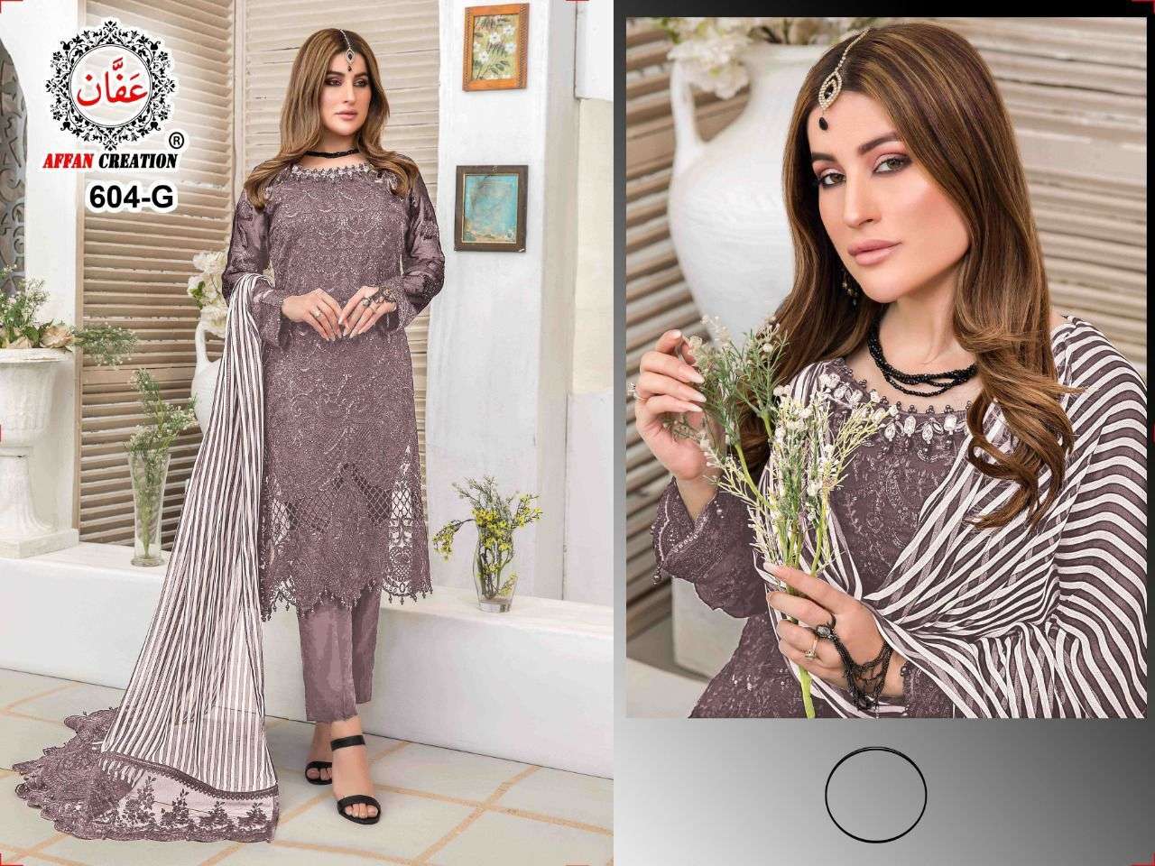 AFFAN CREATION 604 COLOURS BY AFFAN CREATION 604-A TO 604-J SERIES Z BEAUTIFUL PAKISTANI SUITS COLORFUL STYLISH FANCY CASUAL WEAR & ETHNIC WEAR FAUX GEORGETTE WITH EMBROIDERY DRESSES AT WHOLESALE PRICE