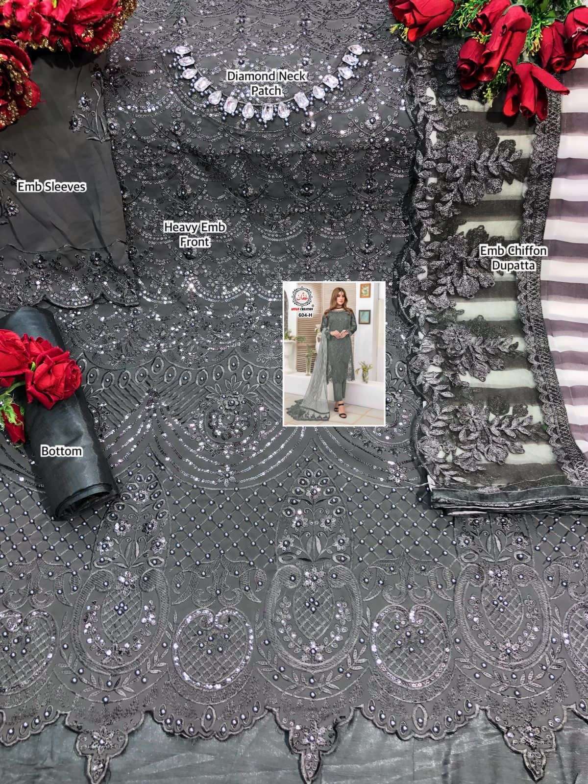 AFFAN CREATION 604 COLOURS BY AFFAN CREATION 604-A TO 604-J SERIES Z BEAUTIFUL PAKISTANI SUITS COLORFUL STYLISH FANCY CASUAL WEAR & ETHNIC WEAR FAUX GEORGETTE WITH EMBROIDERY DRESSES AT WHOLESALE PRICE