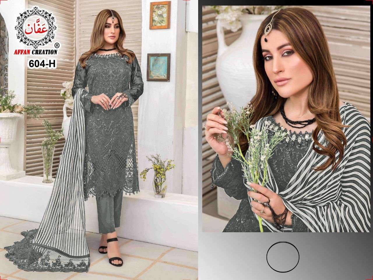 AFFAN CREATION 604 COLOURS BY AFFAN CREATION 604-A TO 604-J SERIES Z BEAUTIFUL PAKISTANI SUITS COLORFUL STYLISH FANCY CASUAL WEAR & ETHNIC WEAR FAUX GEORGETTE WITH EMBROIDERY DRESSES AT WHOLESALE PRICE