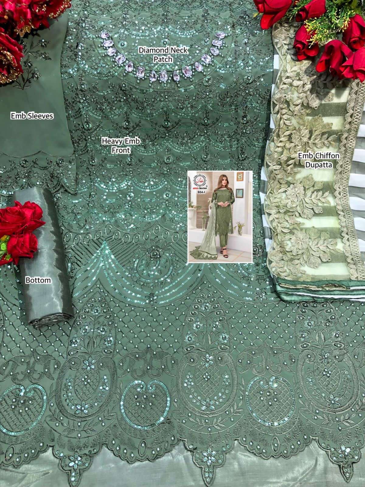 AFFAN CREATION 604 COLOURS BY AFFAN CREATION 604-A TO 604-J SERIES Z BEAUTIFUL PAKISTANI SUITS COLORFUL STYLISH FANCY CASUAL WEAR & ETHNIC WEAR FAUX GEORGETTE WITH EMBROIDERY DRESSES AT WHOLESALE PRICE