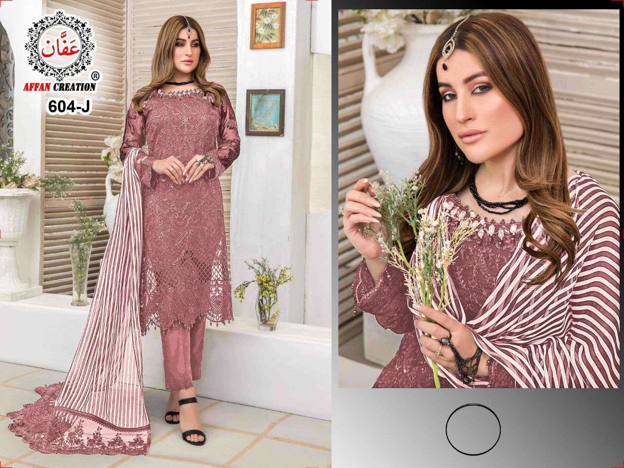 AFFAN CREATION 604 COLOURS BY AFFAN CREATION 604-A TO 604-J SERIES Z BEAUTIFUL PAKISTANI SUITS COLORFUL STYLISH FANCY CASUAL WEAR & ETHNIC WEAR FAUX GEORGETTE WITH EMBROIDERY DRESSES AT WHOLESALE PRICE