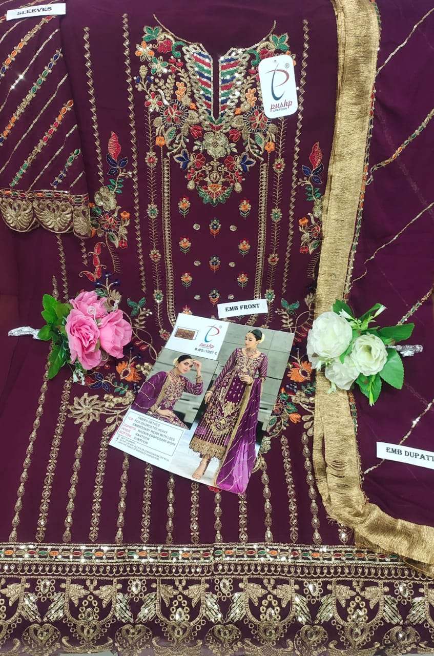 PUSHP HIT DESIGN 1027 COLOURS BY PUSHP CREATION 1027-A TO 1027-D SERIES DESIGNER PAKISTANI SUITS BEAUTIFUL STYLISH FANCY COLORFUL PARTY WEAR & OCCASIONAL WEAR FAUX GEORGETTE EMBROIDERED DRESSES AT WHOLESALE PRICE