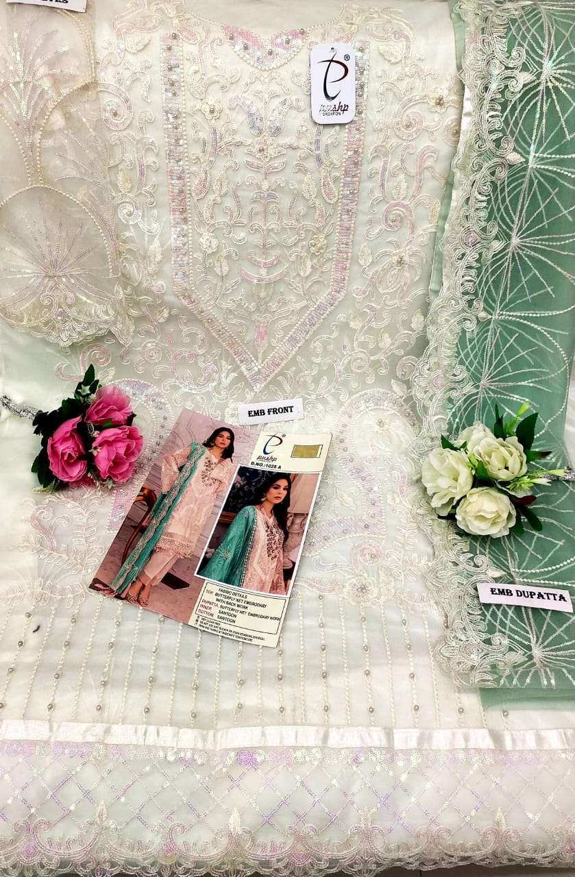 PUSHP HIT DESIGN 1028 COLOURS BY PUSHP CREATION 1028-A TO 1028-D SERIES DESIGNER PAKISTANI SUITS BEAUTIFUL STYLISH FANCY COLORFUL PARTY WEAR & OCCASIONAL WEAR NET EMBROIDERED DRESSES AT WHOLESALE PRICE