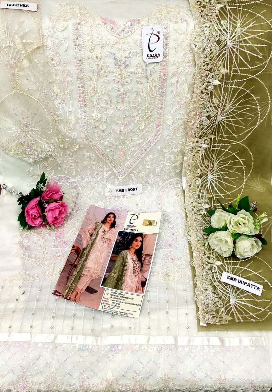 PUSHP HIT DESIGN 1028 COLOURS BY PUSHP CREATION 1028-A TO 1028-D SERIES DESIGNER PAKISTANI SUITS BEAUTIFUL STYLISH FANCY COLORFUL PARTY WEAR & OCCASIONAL WEAR NET EMBROIDERED DRESSES AT WHOLESALE PRICE