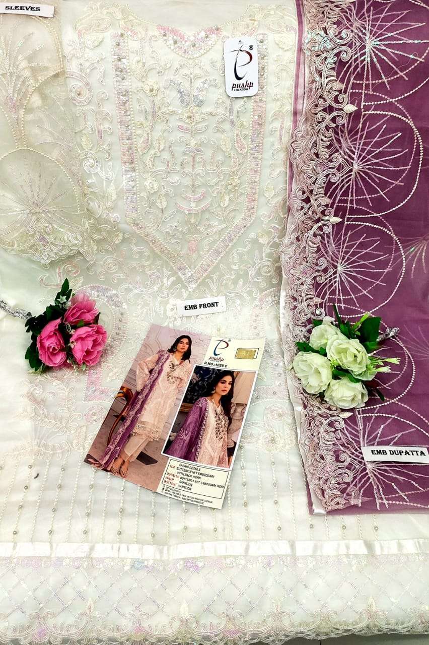 PUSHP HIT DESIGN 1028 COLOURS BY PUSHP CREATION 1028-A TO 1028-D SERIES DESIGNER PAKISTANI SUITS BEAUTIFUL STYLISH FANCY COLORFUL PARTY WEAR & OCCASIONAL WEAR NET EMBROIDERED DRESSES AT WHOLESALE PRICE