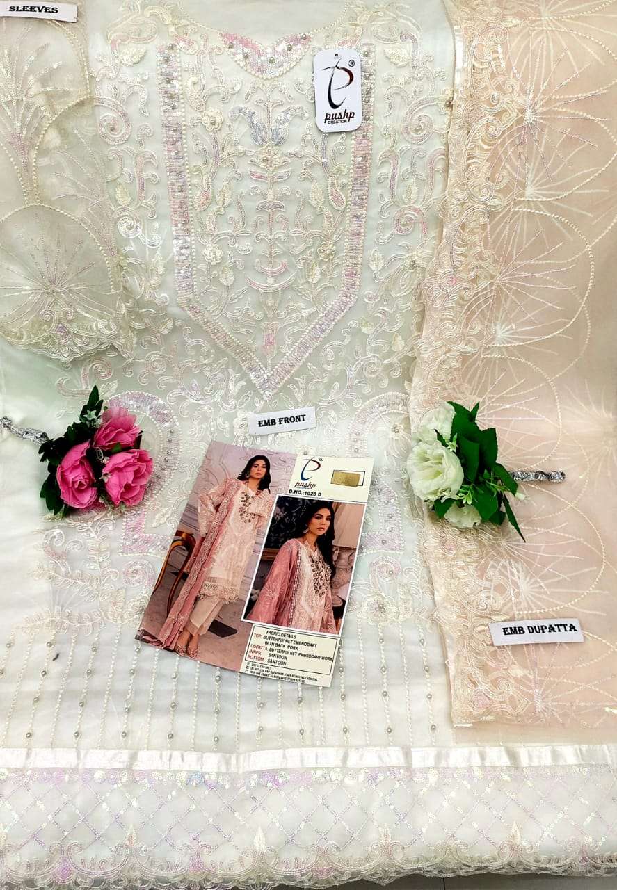 PUSHP HIT DESIGN 1028 COLOURS BY PUSHP CREATION 1028-A TO 1028-D SERIES DESIGNER PAKISTANI SUITS BEAUTIFUL STYLISH FANCY COLORFUL PARTY WEAR & OCCASIONAL WEAR NET EMBROIDERED DRESSES AT WHOLESALE PRICE