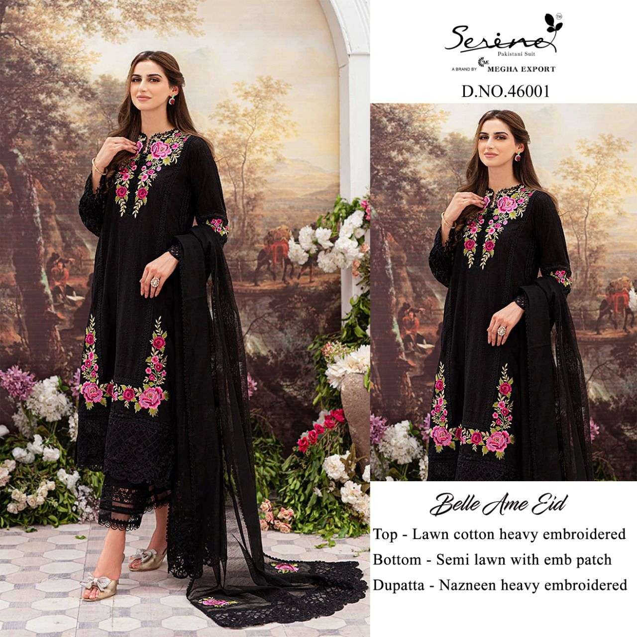 BELLE AME EID BY SERENE 46001 TO 46006 SERIES DESIGNER PAKISTANI SUITS BEAUTIFUL STYLISH FANCY COLORFUL PARTY WEAR & OCCASIONAL WEAR LAWN COTTON EMBROIDERY DRESSES AT WHOLESALE PRICE